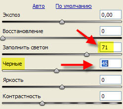 Двигае ползунок "Чёрные" вправо Adobe Camera Raw