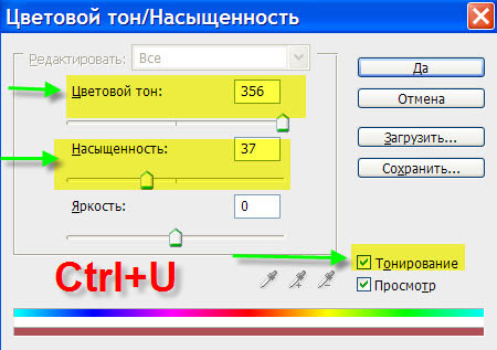Параметры окна Цветовой тон/Насыщенность Параметры окна Цветовой тон/Насыщенность
