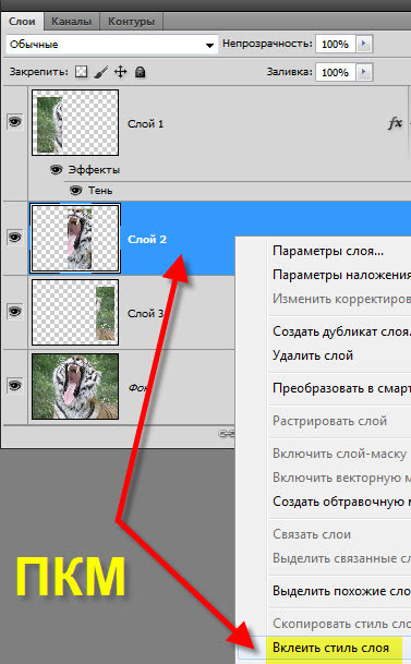 Вклеиваем стиль слоя Палитра "Слои"