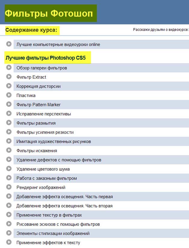 Содержание курса "Лучшие фильтры Photoshop CS5"